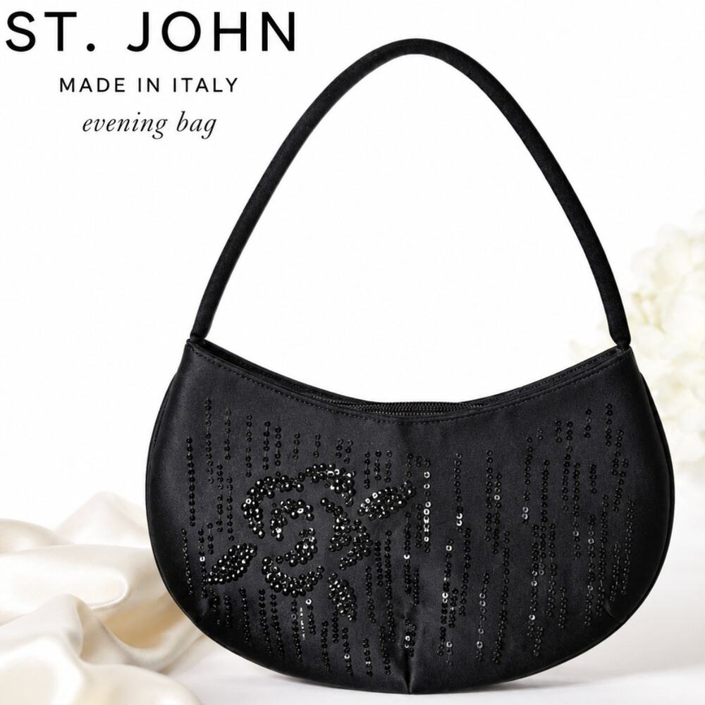 Y2K St. John Evening Bag Black Beaded Floral Satin Mini Made in Italy Timeless